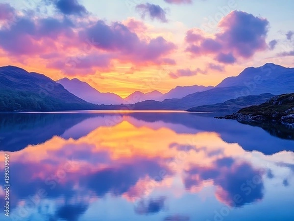 Fototapeta A beautiful sunset illuminating calm waters reflecting mountain silhouettes