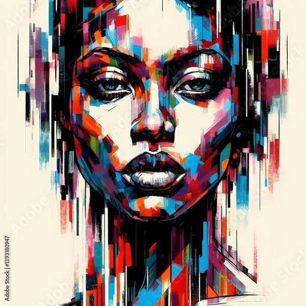 Fototapeta Abstract digital portrait of a woman with colorful geometric shapes and fragmented features