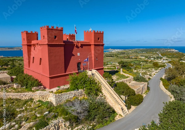 Obraz Drone view of famous Red tower on Malta island, Mellieha city