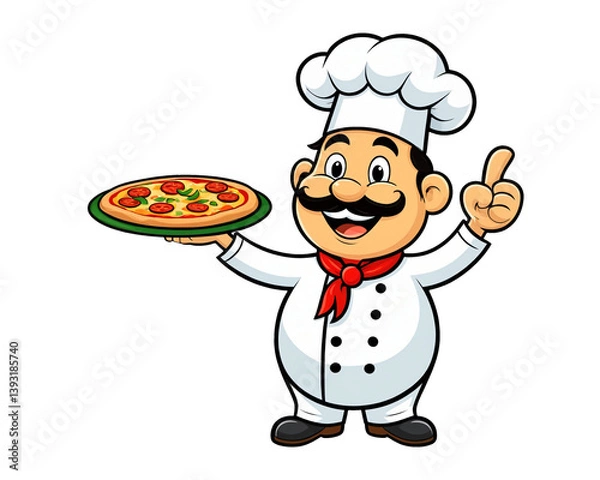 Fototapeta chef holding pizza with pointing gesture