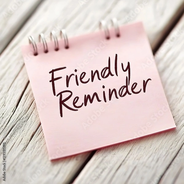 Fototapeta A pink spiral - bound sticky note with "Friendly Reminder" hand - written in black, placed on a light wooden surface, ideal for personal planning apps, gentle reminder - themed designs, or motivationa