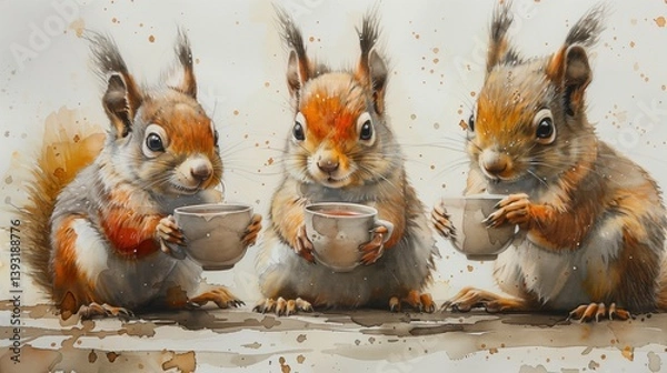 Fototapeta Family of squirrels have a picnic in the park. Watercolor illustration of weekend of mother and father with their cub drinking tea sitting outdoors.