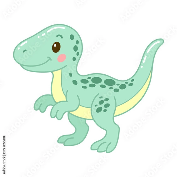 Fototapeta Cute baby T-Rex dinosaur illustration in soft green color and round features, perfect for kid themes