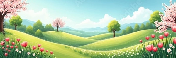 Obraz Landscape with green hills, flowers, and trees. Spring, nature illustration with copy space