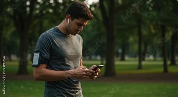Fototapeta A focused young man checks his fitness tracker after a run in a serene park setting under soft evening light.