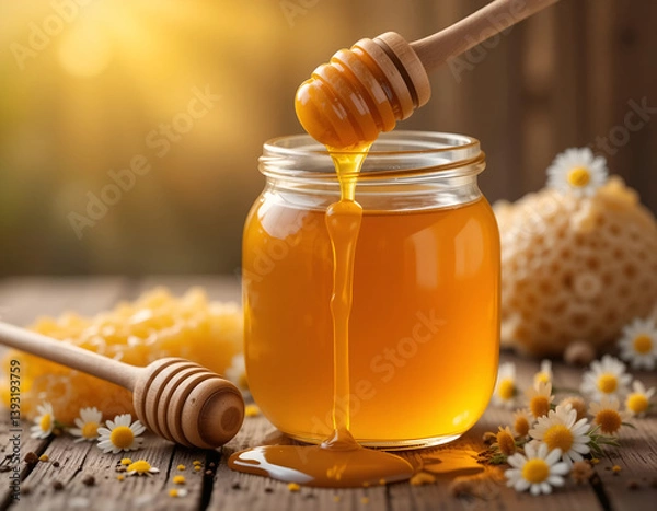 Fototapeta Golden Honey Pouring from Dipper into Jar with Honeycomb and Chamomile Flowers on Wooden Surface 