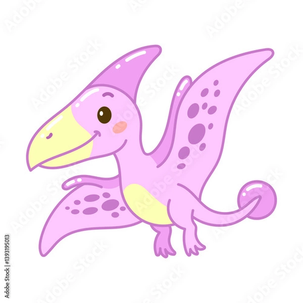 Obraz Cute pink cartoon pterodactyl with big yellow beak and spots, perfect for kids fun dino designs