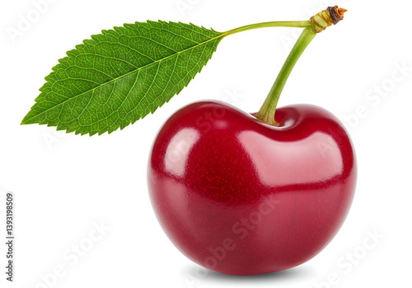 Fototapeta A single cherry with stem and leaf isolated against a isolated on white background