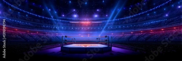 Fototapeta Empty Arena Stage Ready for Event - An empty wrestling ring in a large stadium, ready for a big event. Bright lights illuminate the scene