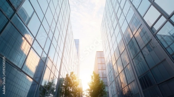 Fototapeta bustling urban tech hub with modern glass buildings under bright sky office hint at innovation inside streets with