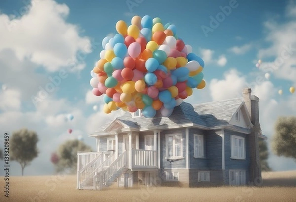 Fototapeta bundle balloons sky 3d white large clouds lifted blue rendering house air finance residence housing cloud three-dimensional up high background render vibrant residential balloon bunch home building