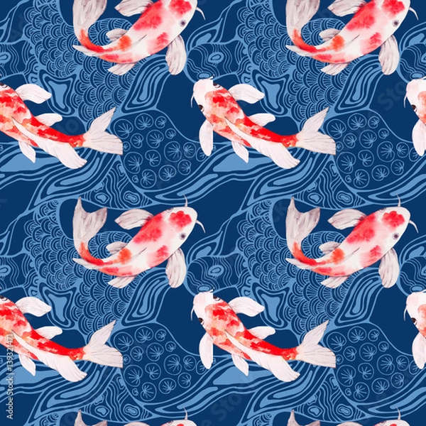 Obraz Watercolor koi fish seamless pattern with waves on backdrop