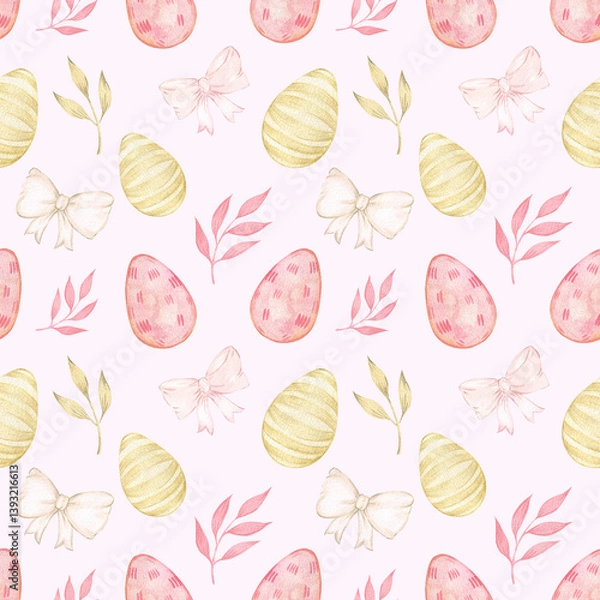 Fototapeta Watercolor seamless Easter pattern. Print with easter eggs, ribbon bows and twigs. Beige and pink pastel colors, cute style. Festive pattern for design and decoration.