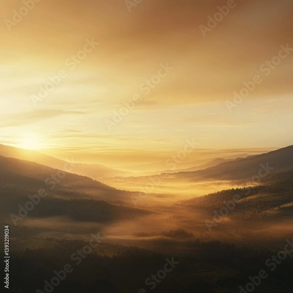 Fototapeta image of a golden sunrise casting a warm glow over a misty valley isolated on a plain background soft golden light illuminating a valley shrouded in morning mist with distant mountains