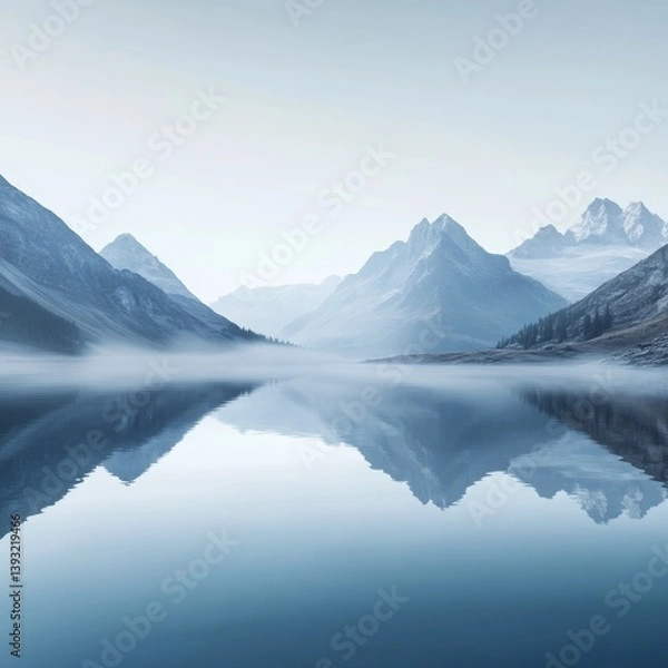 Fototapeta image of a serene mountain lake shrouded in morning mist isolated on a plain background calm water reflecting surrounding peaks and soft mist 