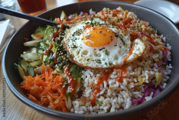 Obraz Korean Bibimbap Bowl with Fried Egg and Colorful Vegetables