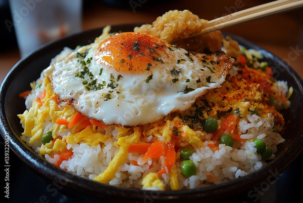 Obraz Korean Bibimbap Bowl with Fried Egg and Colorful Vegetables