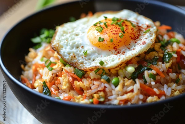 Obraz Korean Bibimbap Bowl with Fried Egg and Colorful Vegetables