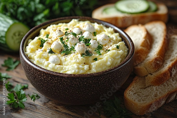 Obraz Creamy Mashed Potato Spread with Cottage Cheese and Parsley in Rustic Bowl