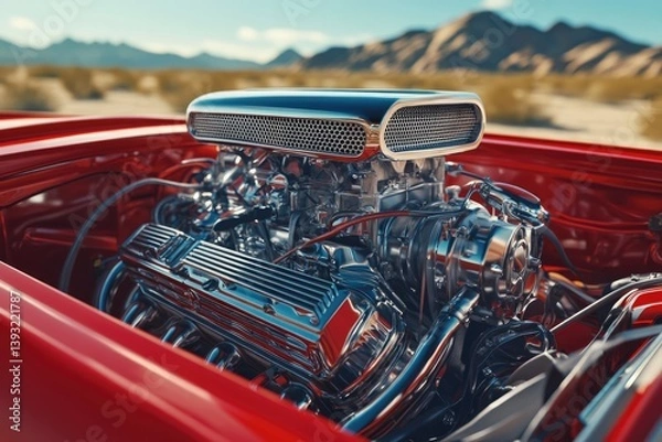 Fototapeta Chrome V8 engine gleaming in a classic red car, desert backdrop.