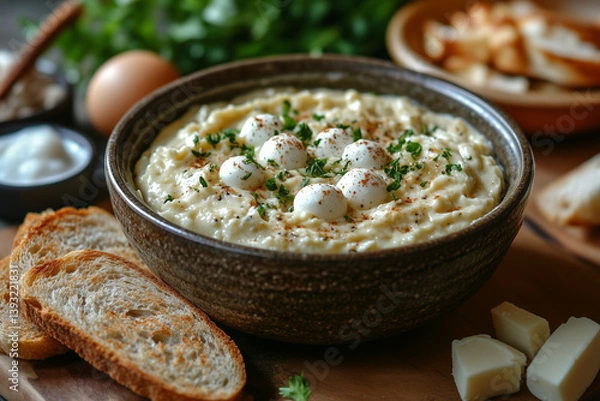 Obraz Creamy Mashed Potato Spread with Cottage Cheese and Parsley in Rustic Bowl