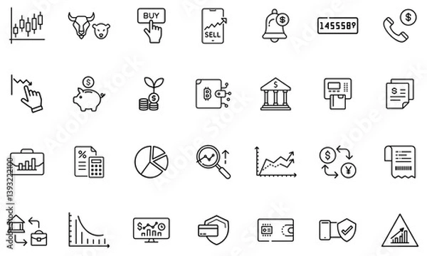 Obraz Clean outline icon set for finance, stock trading, investing, Crypto, and banking. Editable stroke style.