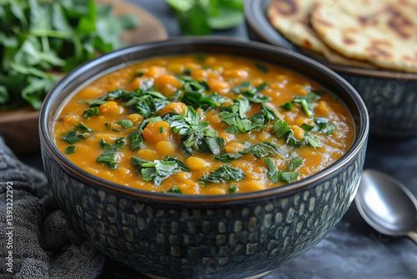 Obraz Hearty lentil soup with vegetables and fresh herbs in a rustic bowl