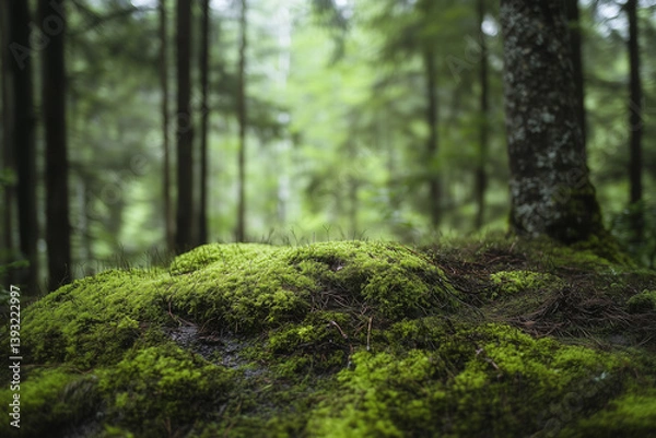 Fototapeta Mossy Forest Floor with Lush Green Growth in a Tranquil Setting