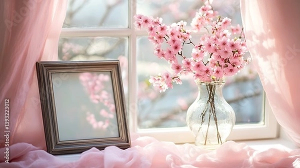 Obraz A beautiful display of blossoms near a window with a frame