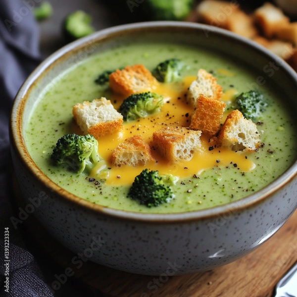 Obraz Creamy broccoli soup with croutons and drizzle of cream