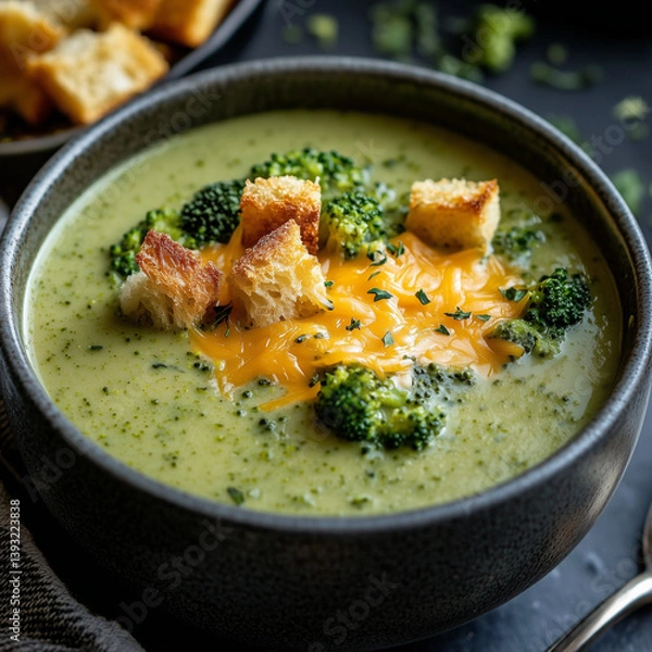 Obraz Creamy broccoli soup with croutons and drizzle of cream
