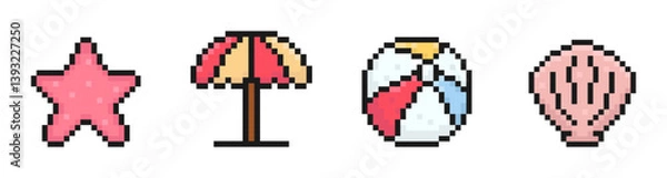 Obraz summer beach pixel set of icons, vintage, 8 bit, 80s, 90s games, computer arcade game items, starfish, beach umbrella, ball, seashell, vector illustration