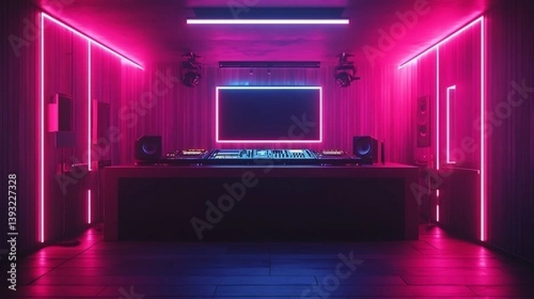 Obraz A futuristic music studio displays a vibrant neon lit environment