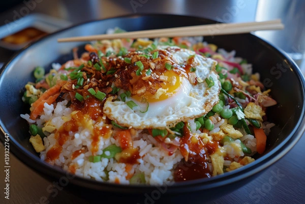 Obraz Korean Bibimbap Bowl with Fried Egg and Colorful Vegetables