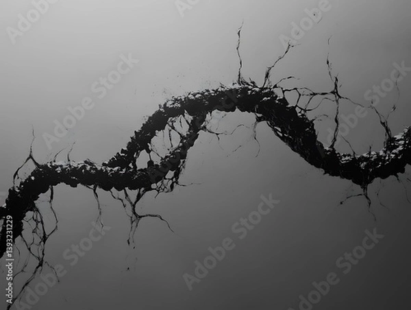 Fototapeta A dark textured branch extends across a soft gray background