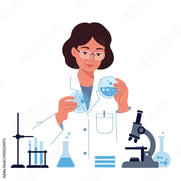 Fototapeta Scientist holding petri dish in laboratory with equipment flat vector art