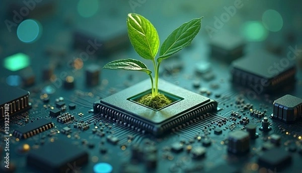 Obraz Green Sprout Growing from Computer Chip, Symbolizing Sustainable Technology and Eco-Friendly Innovation in Digital Computing  
