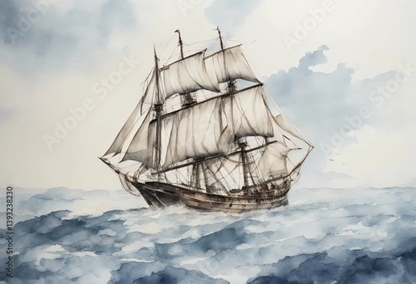 Fototapeta png sailing ship image background watercolor file white isolated drawing waves print composition beach travel sea cruise water fantasy marin wave boat sport yachting icon nature sail hand design art