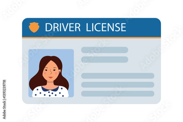 Fototapeta The car driver's ID card with a photo of a woman. Vehicle driver's identification card. Stamp, barcode, plastic identification card. Vector illustration in a flat style