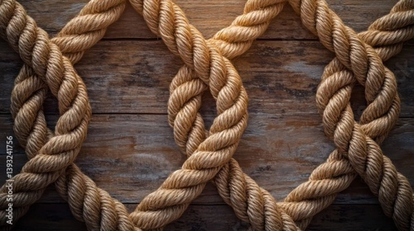 Fototapeta An artistic composition of thick jute ropes forming elaborate symmetrical knots, meticulously arranged on a rustic wooden surface, with soft ambient lighting