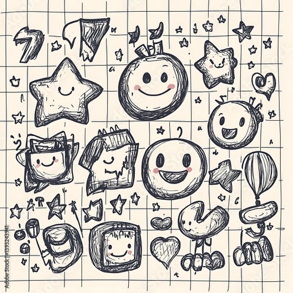 Obraz A whimsical collection of smiling cartoon doodles and playful elements