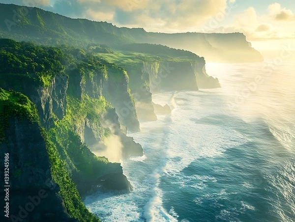 Fototapeta Lush green cliffs overlooking the vast ocean under a bright sky
