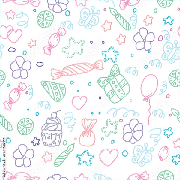 Fototapeta Hand-drawn multicolored doodle birthday cake, balloon, event decoration element. A party. Vector seamless pattern illustration on a white background. for printing and textile postcards.