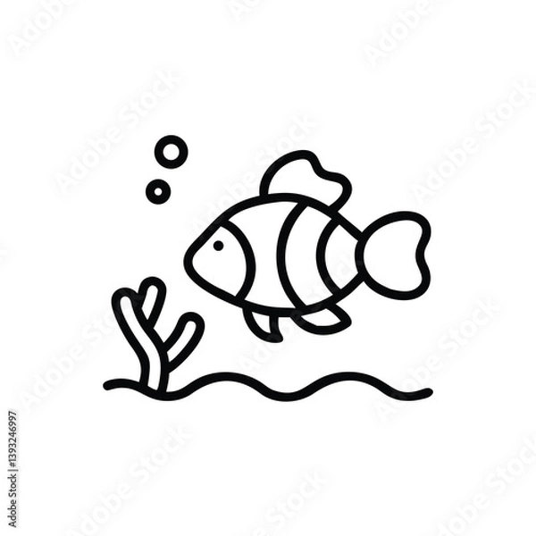 Fototapeta Line Art Of Tropical Fish With Seaweed And Bubbles In Minimal Style