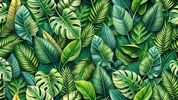 Fototapeta Close-up of vibrant green leaves in a tropical forest with a natural, fresh texture showcasing the beauty of foliage and plant growth