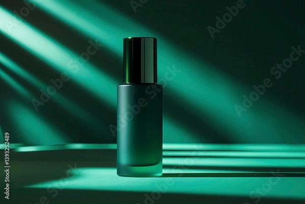 Fototapeta Elegant green glass bottle with silver cap displayed against a dark background highlighting soft shadows and light rays