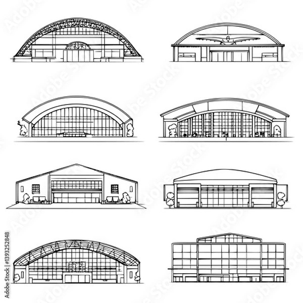 Fototapeta Collection of hangars line vector designs, hangars vector graphics