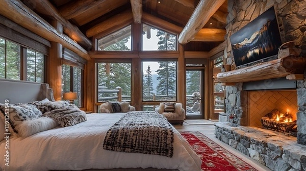 Obraz Cozy bedroom inside a log cabin with a fireplace and windows