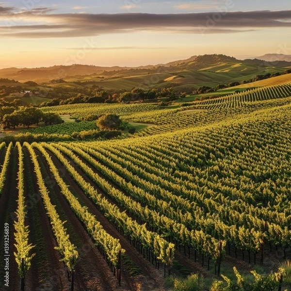 Obraz image of rolling vineyards bathed in a golden evening glow isolated on a plain background endless rows of grapevines stretching over gentle hills under warm sunset light 