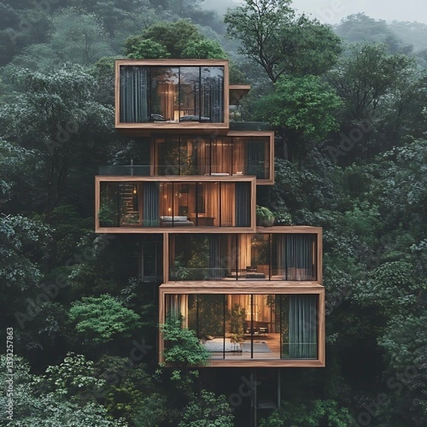 Obraz A modern stacked wooden structure surrounded by lush green vegetation